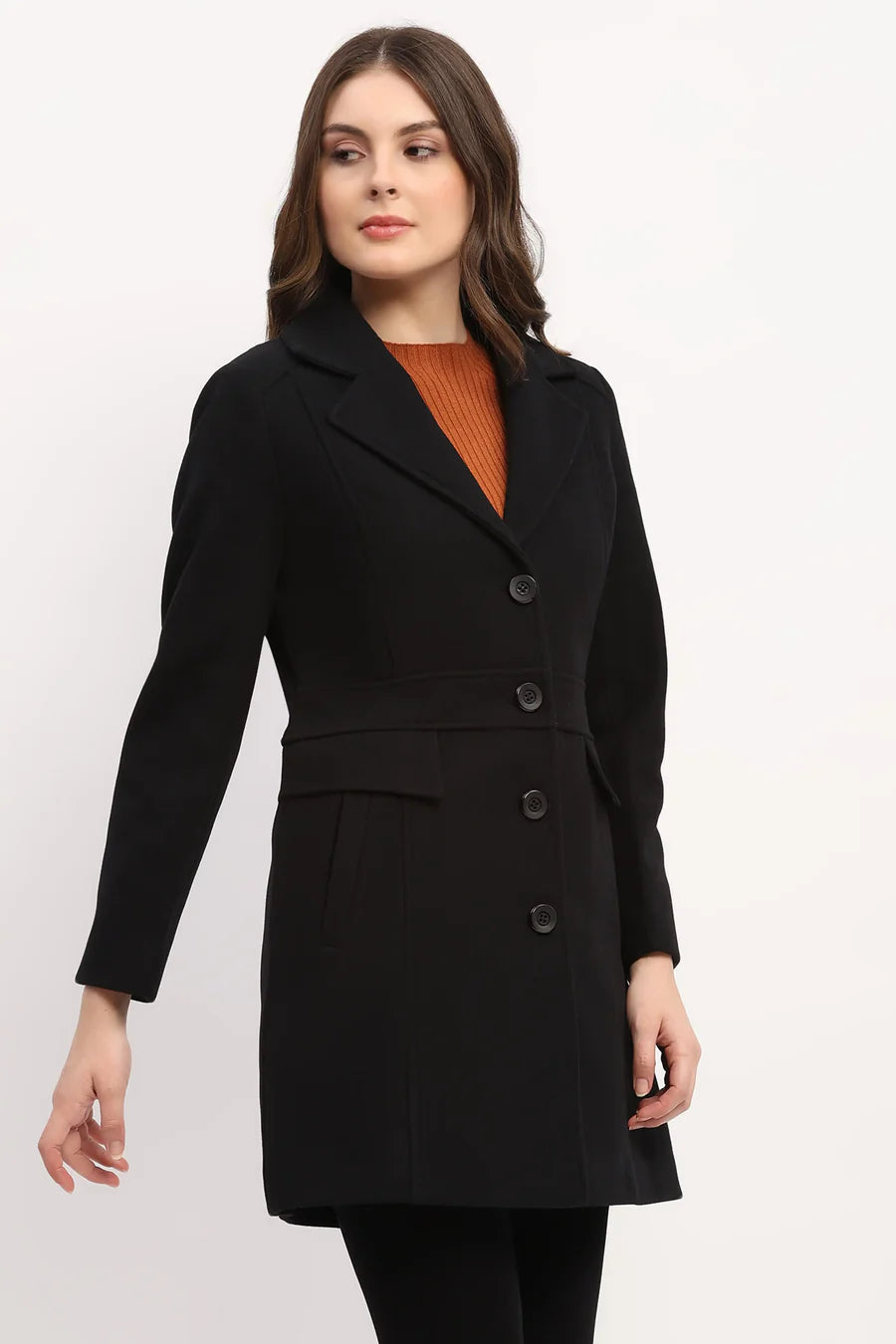 Black Polyester Blend Belted Coat