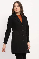 Black Polyester Blend Belted Coat