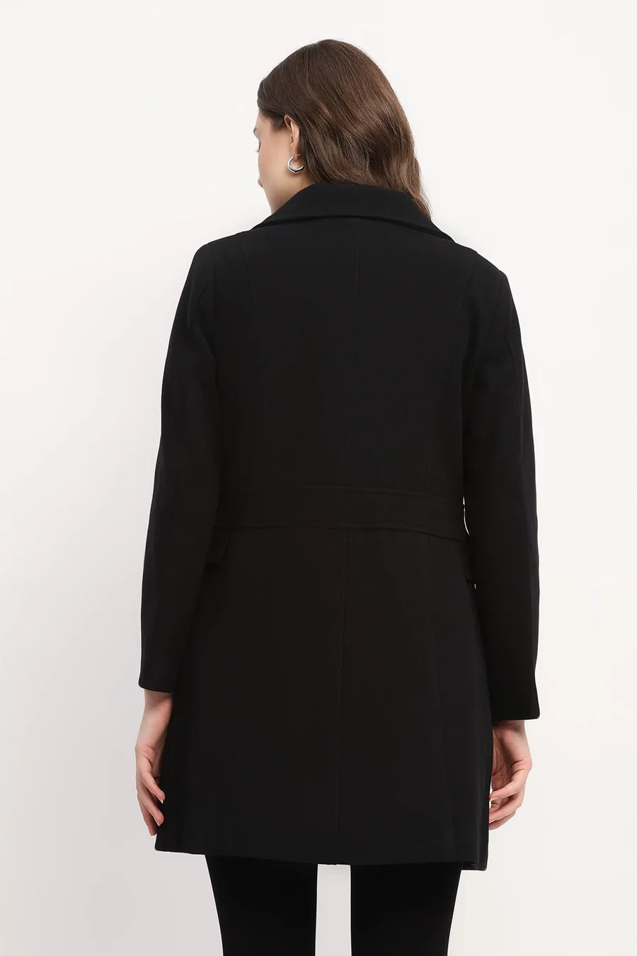 Black Polyester Blend Belted Coat