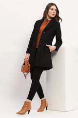 Black Polyester Blend Belted Coat