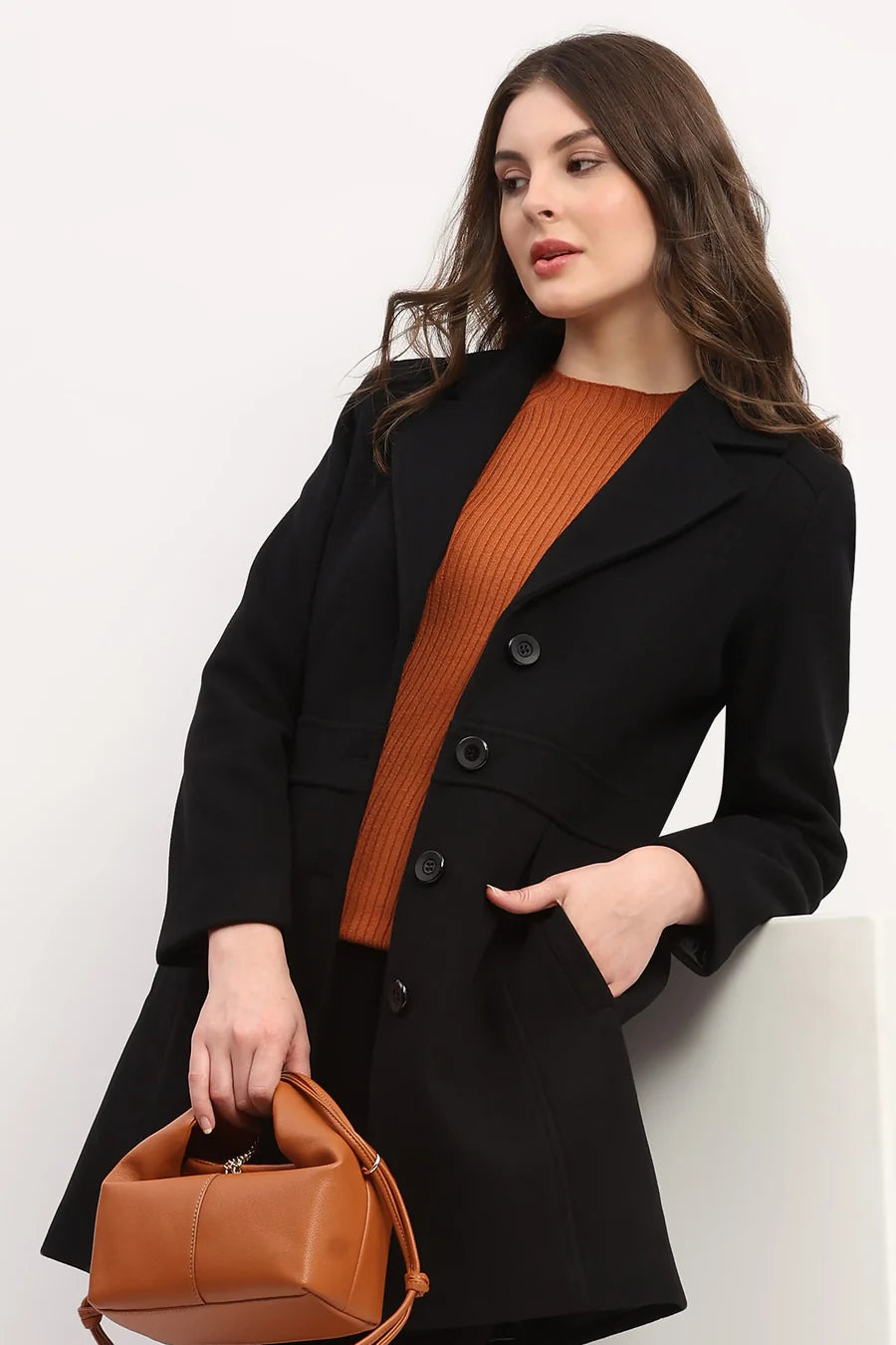 Black Polyester Blend Belted Coat