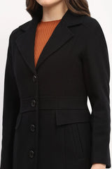 Black Polyester Blend Belted Coat