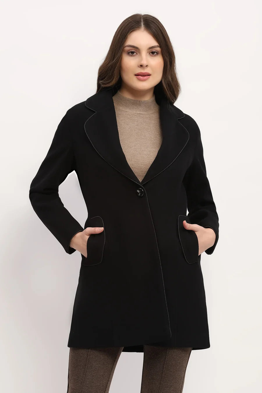 Black Polyester Blend Tailored Coat