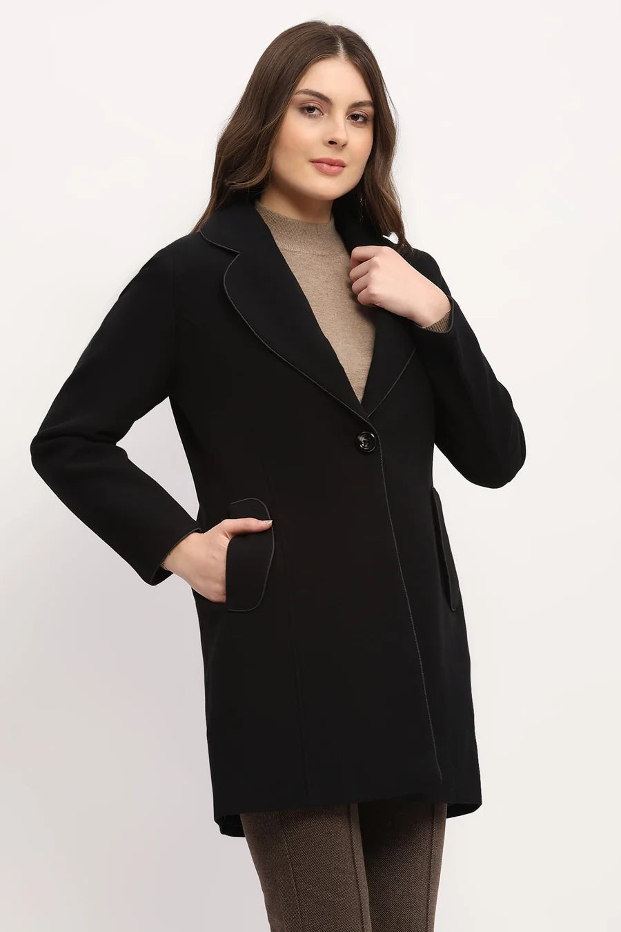 Black Polyester Blend Tailored Coat