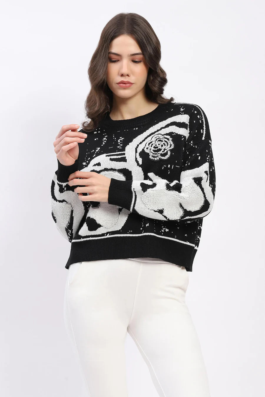 Black Monochrome Embellished Wool-Blend Pullover