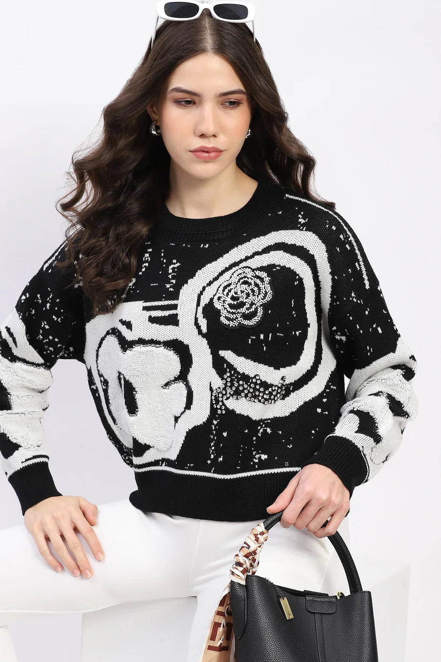 Black Monochrome Embellished Wool-Blend Pullover