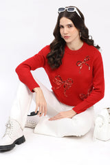 Embellished Sequin & Bead Pullover - Red