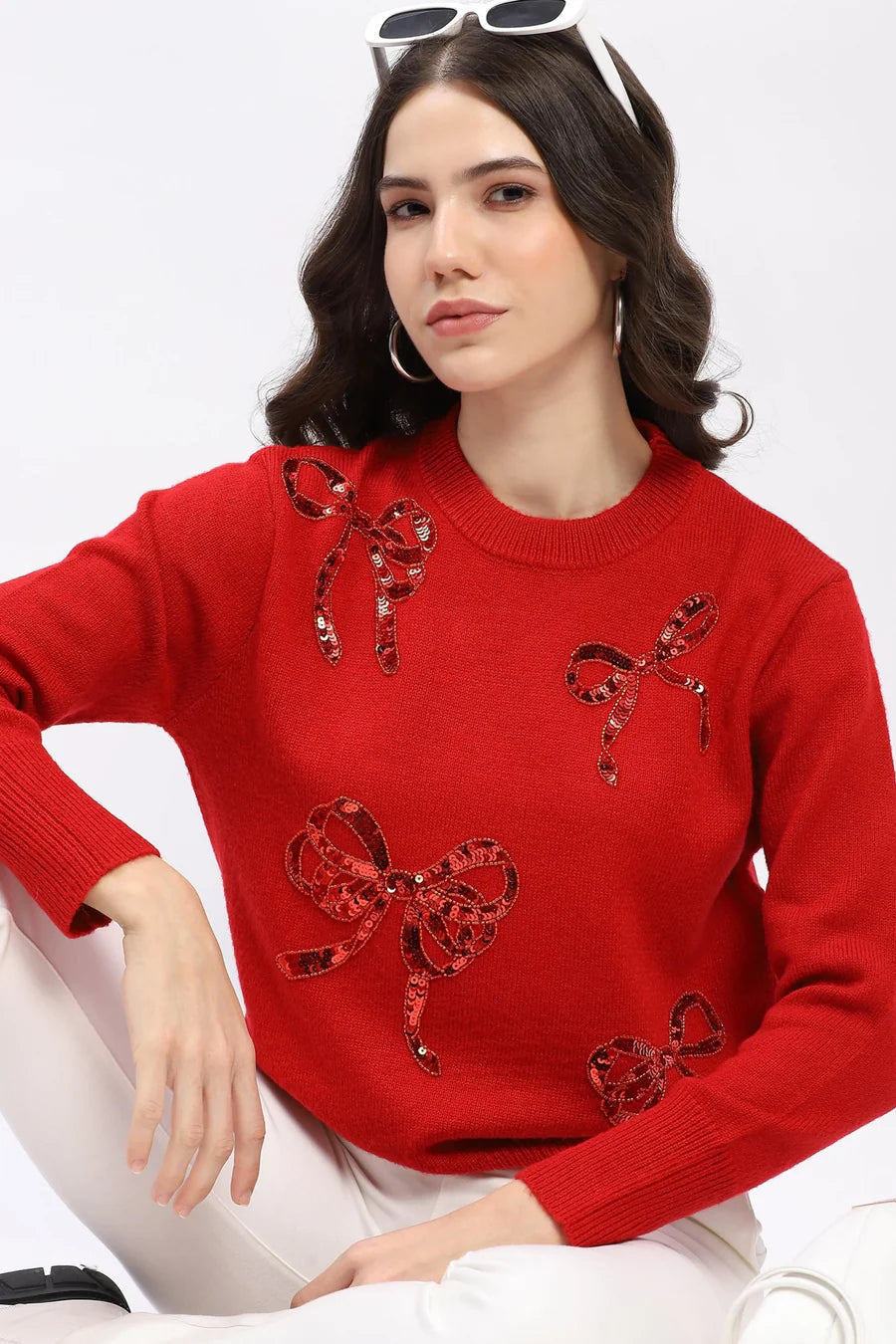 Embellished Sequin & Bead Pullover - Red