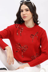 Embellished Sequin & Bead Pullover - Red