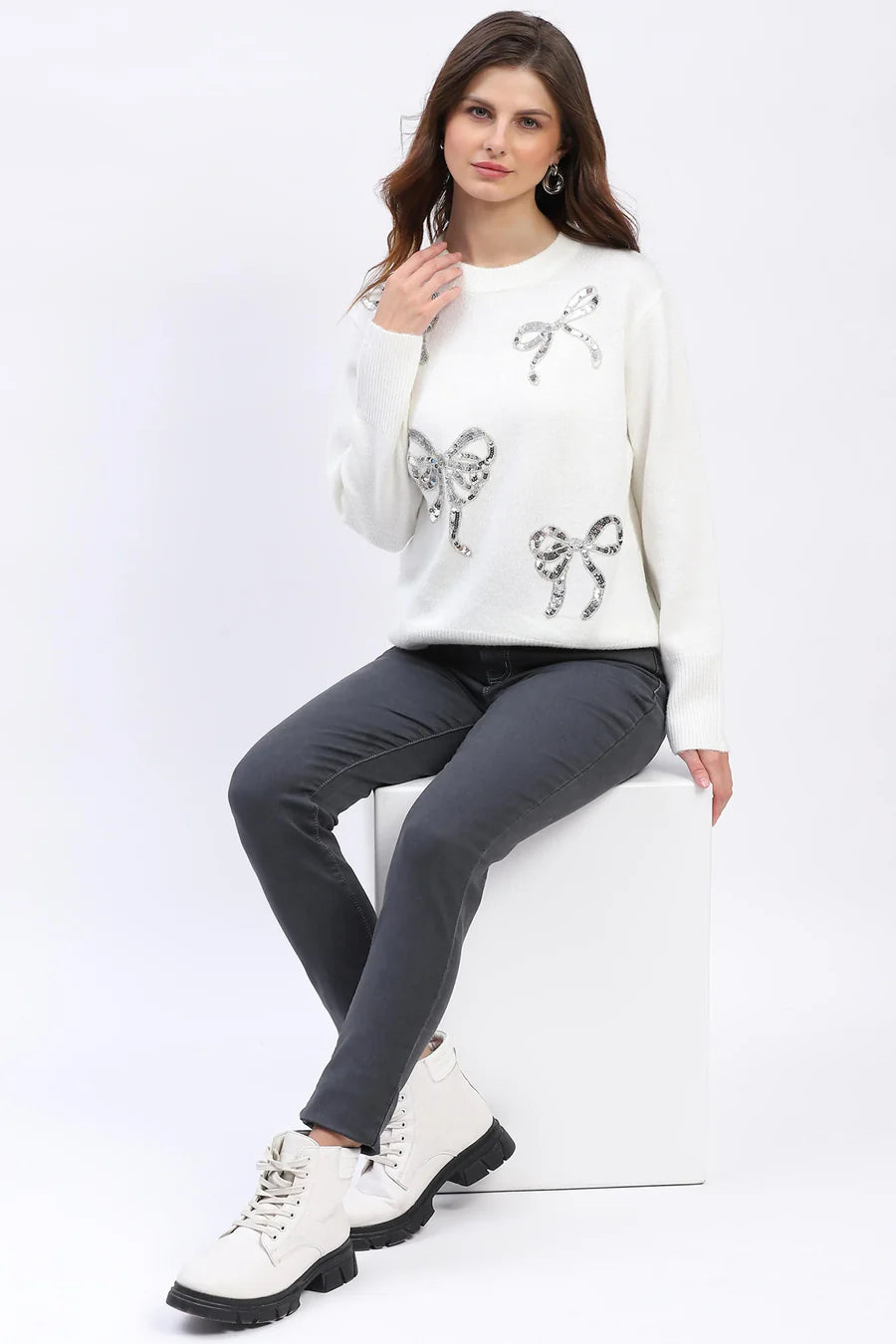 Embellished Wool Blend Pullover - Off-White