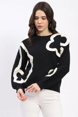 Black Ribbon Floral Embellished Pullover