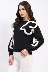 Black Ribbon Floral Embellished Pullover
