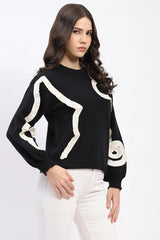 Black Ribbon Floral Embellished Pullover