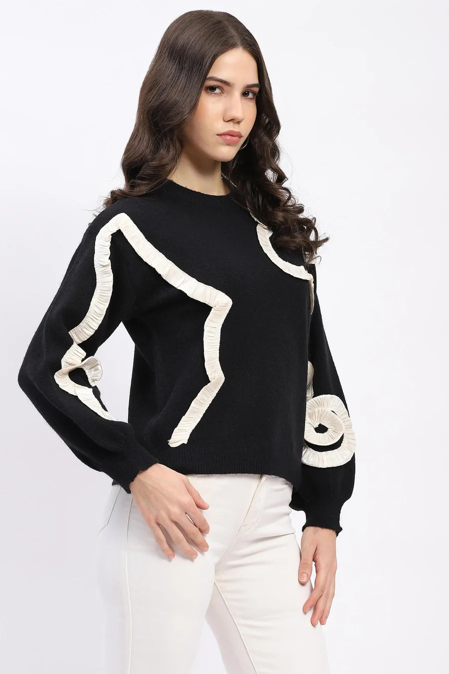 Black Ribbon Floral Embellished Pullover