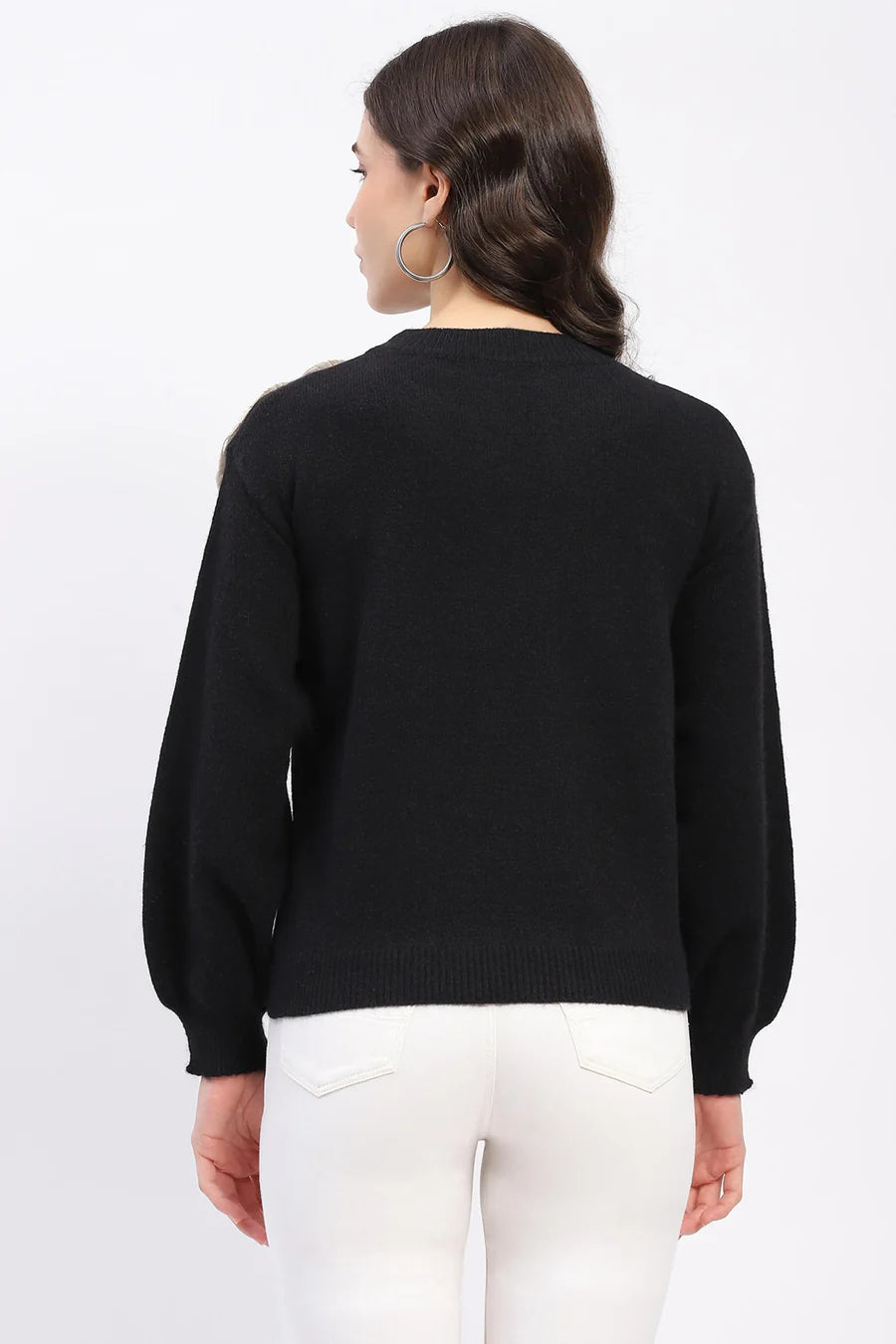 Black Ribbon Floral Embellished Pullover