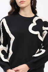 Black Ribbon Floral Embellished Pullover