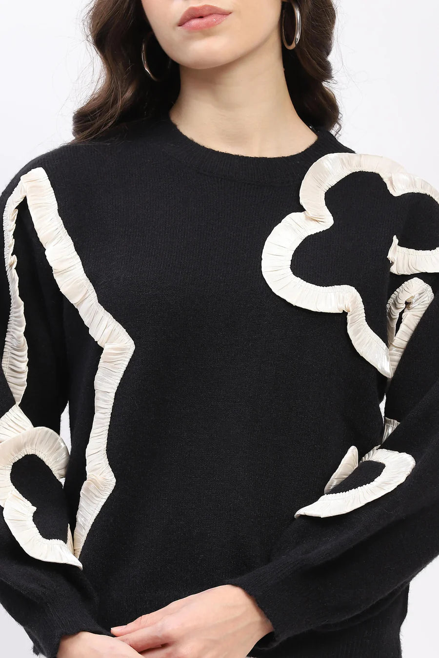Black Ribbon Floral Embellished Pullover