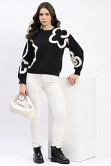 Black Ribbon Floral Embellished Pullover