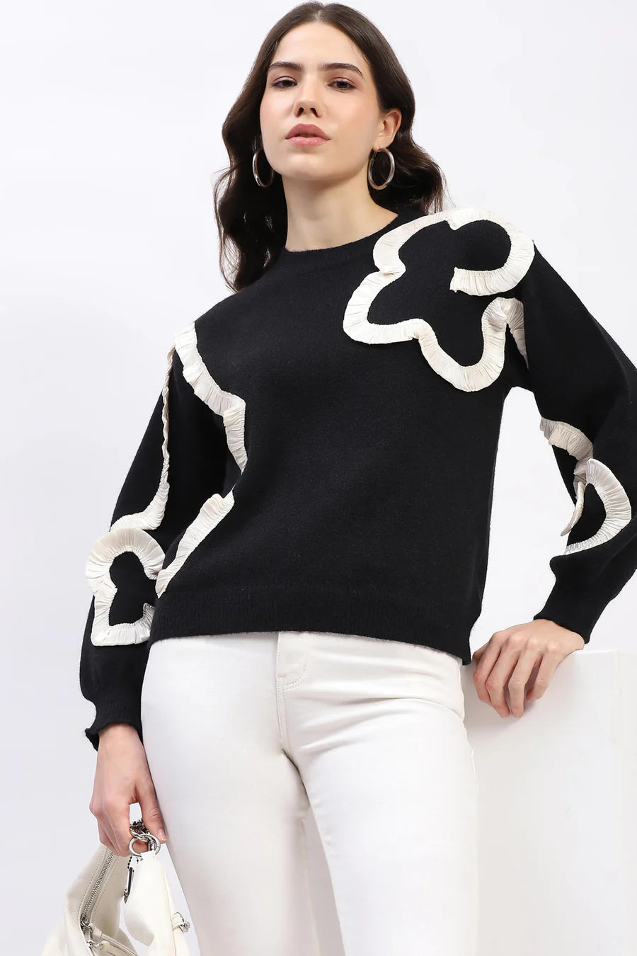 Black Ribbon Floral Embellished Pullover