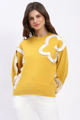 Ribbon Floral Embellished Pullover - Yellow