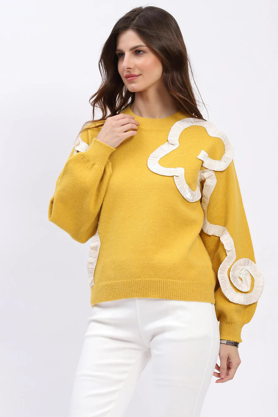 Ribbon Floral Embellished Pullover - Yellow