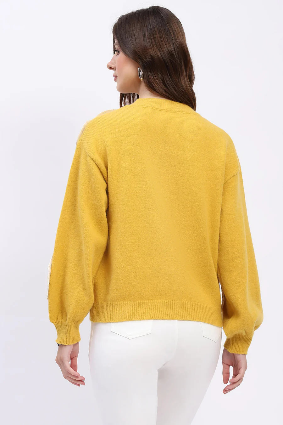 Ribbon Floral Embellished Pullover - Yellow