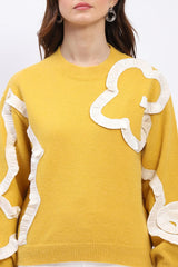 Ribbon Floral Embellished Pullover - Yellow