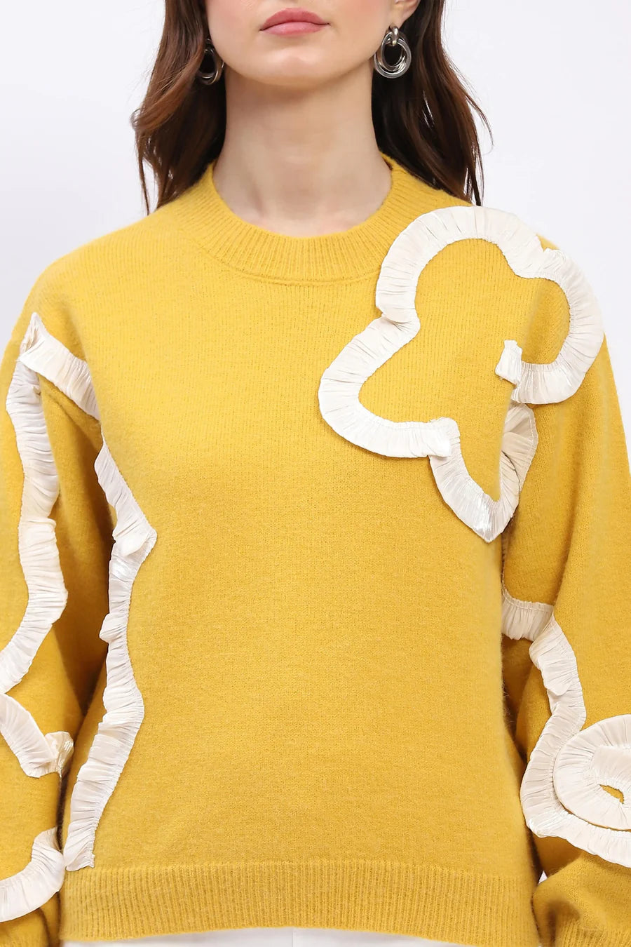 Ribbon Floral Embellished Pullover - Yellow