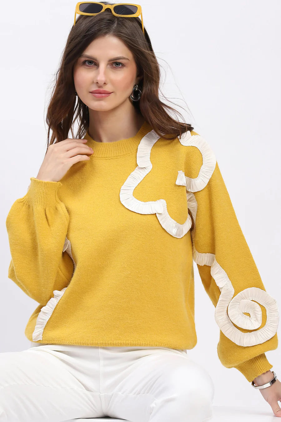 Ribbon Floral Embellished Pullover - Yellow