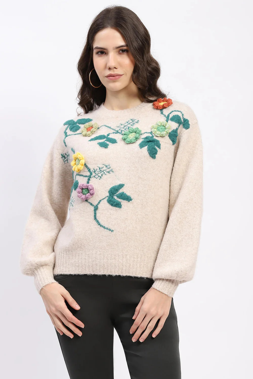Beige 3D Floral Embellished Crew Neck Pullover