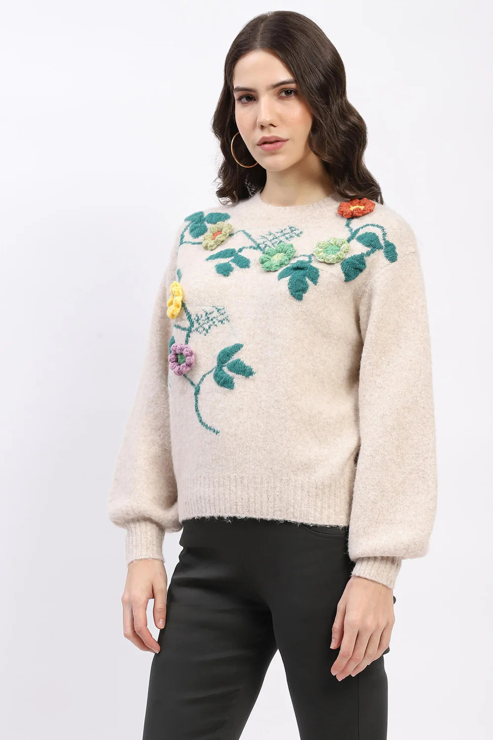 Beige 3D Floral Embellished Crew Neck Pullover