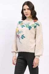 Beige 3D Floral Embellished Crew Neck Pullover