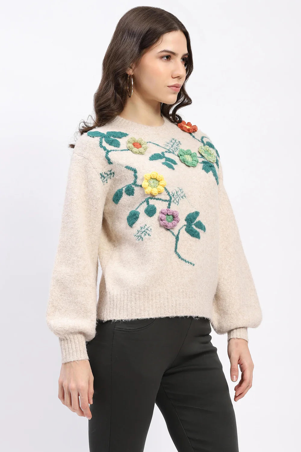 Beige 3D Floral Embellished Crew Neck Pullover