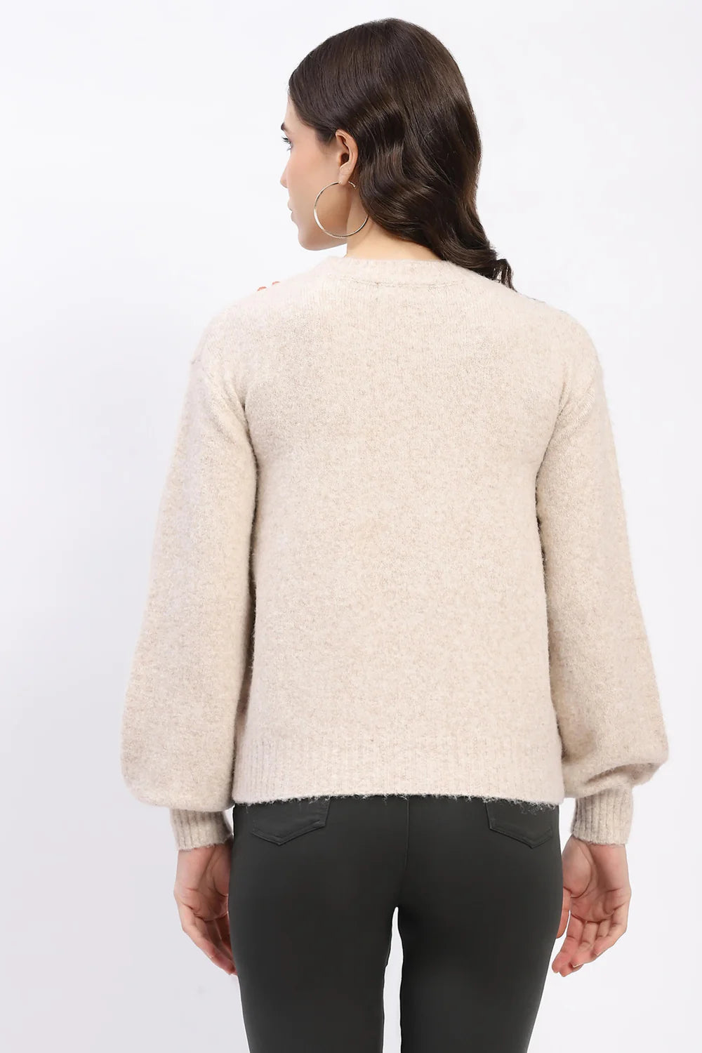 Beige 3D Floral Embellished Crew Neck Pullover