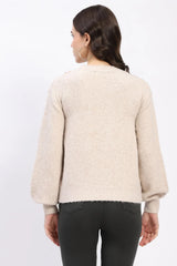 Beige 3D Floral Embellished Crew Neck Pullover