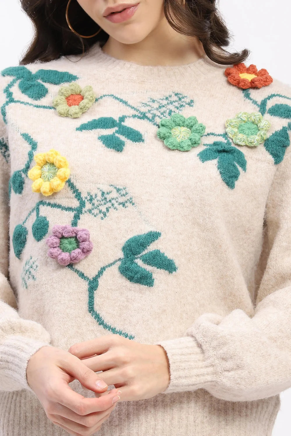 Beige 3D Floral Embellished Crew Neck Pullover