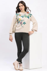 Beige 3D Floral Embellished Crew Neck Pullover