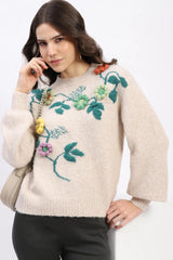 Beige 3D Floral Embellished Crew Neck Pullover