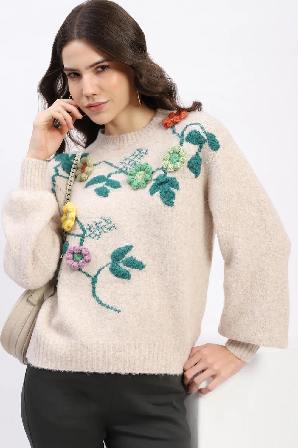 Beige 3D Floral Embellished Crew Neck Pullover