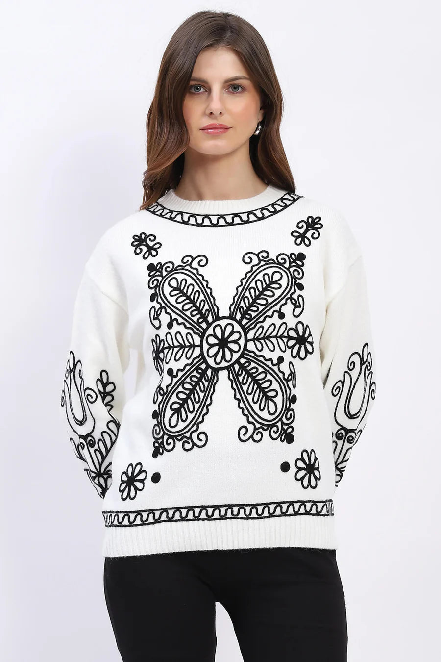 Floral Embroidered Pullover - Off-White