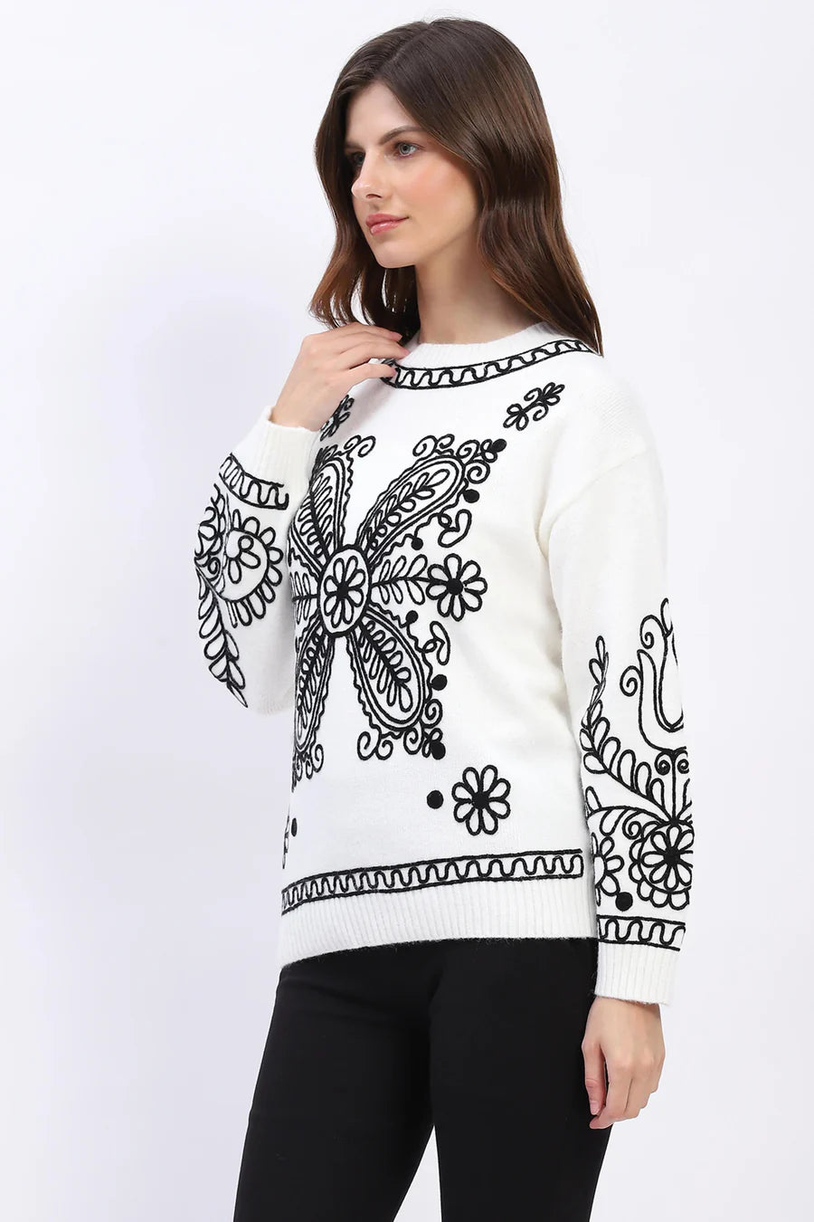 Floral Embroidered Pullover - Off-White