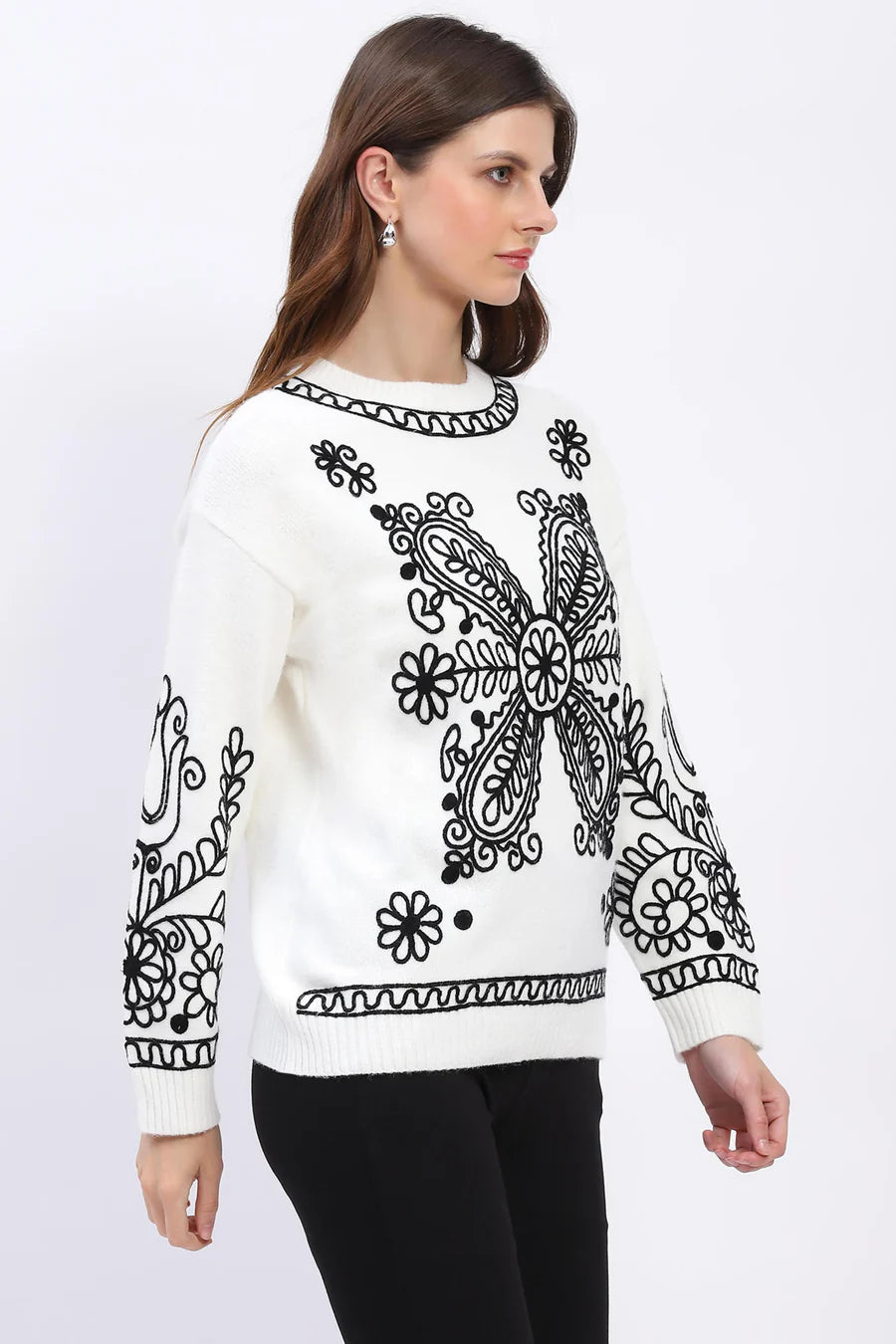 Floral Embroidered Pullover - Off-White