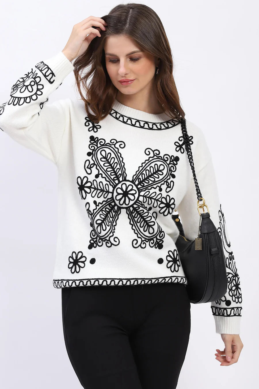 Floral Embroidered Pullover - Off-White
