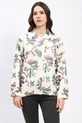 Cream Botanical Print Loose-Fit Cardigan