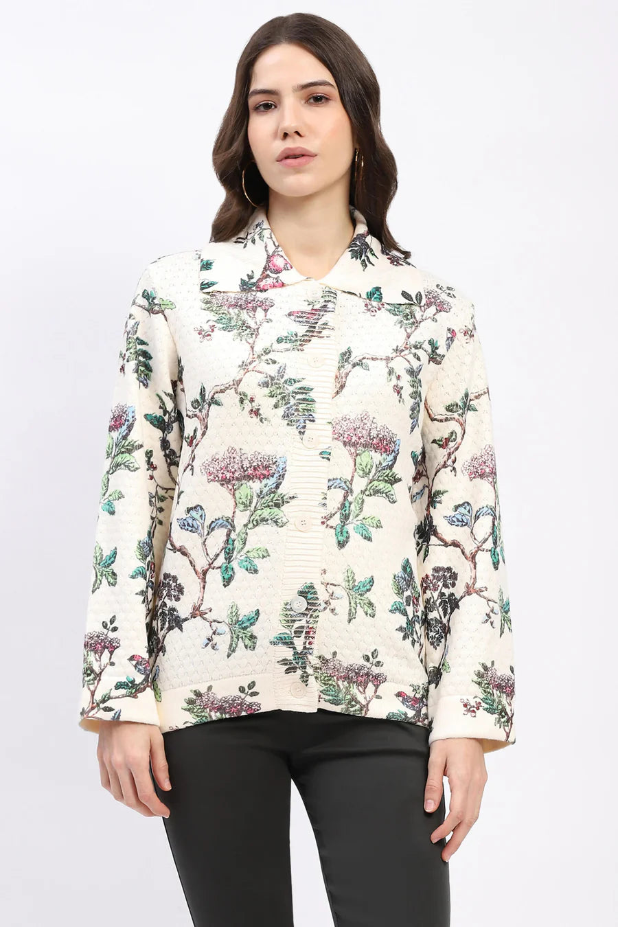 Cream Botanical Print Loose-Fit Cardigan