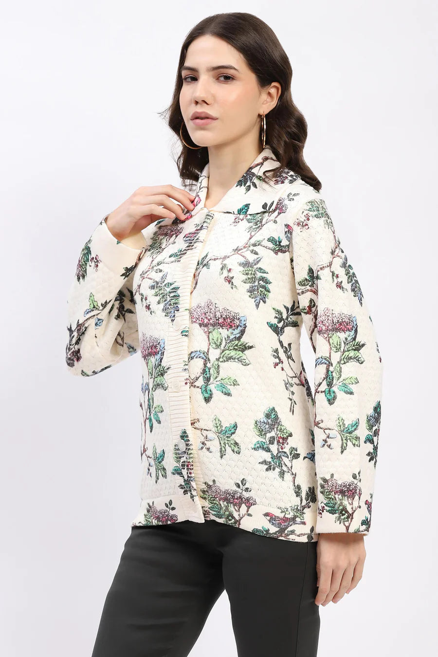 Cream Botanical Print Loose-Fit Cardigan