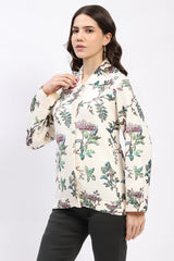 Cream Botanical Print Loose-Fit Cardigan
