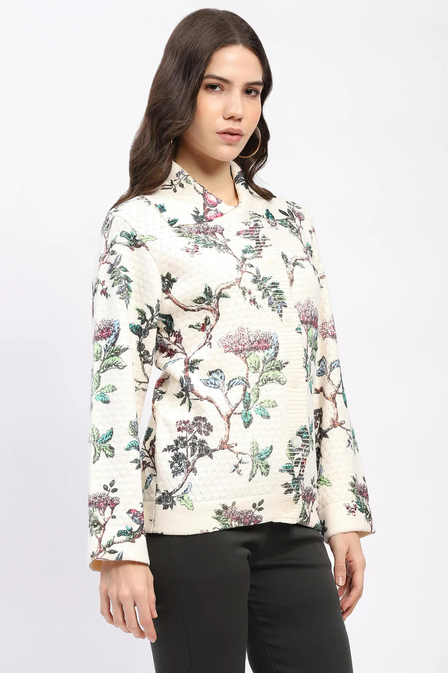 Cream Botanical Print Loose-Fit Cardigan