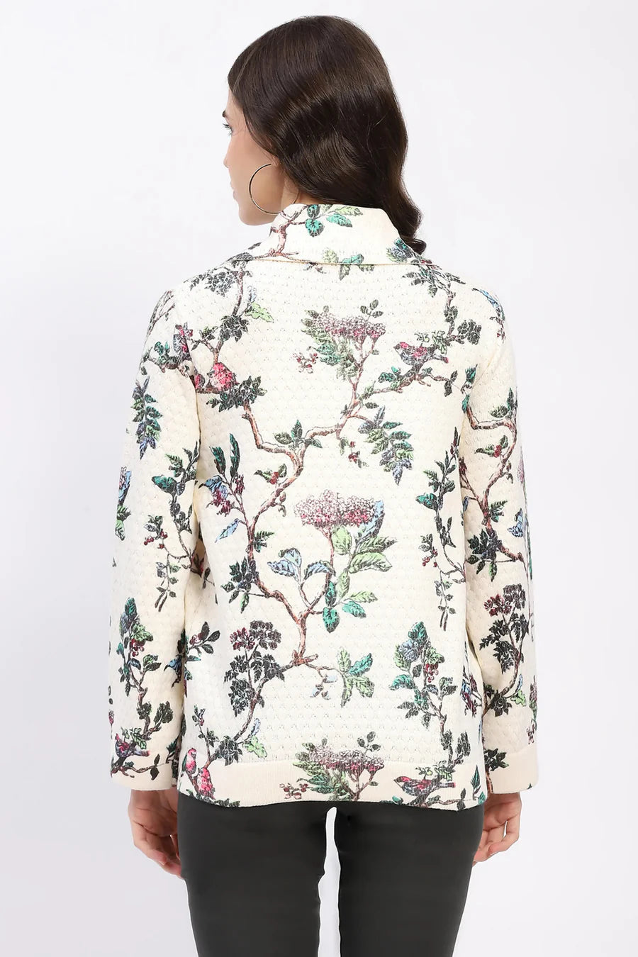 Cream Botanical Print Loose-Fit Cardigan