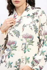 Cream Botanical Print Loose-Fit Cardigan